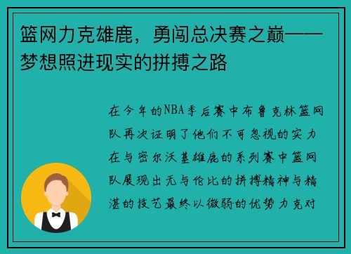 篮网力克雄鹿，勇闯总决赛之巅——梦想照进现实的拼搏之路