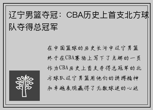 辽宁男篮夺冠：CBA历史上首支北方球队夺得总冠军